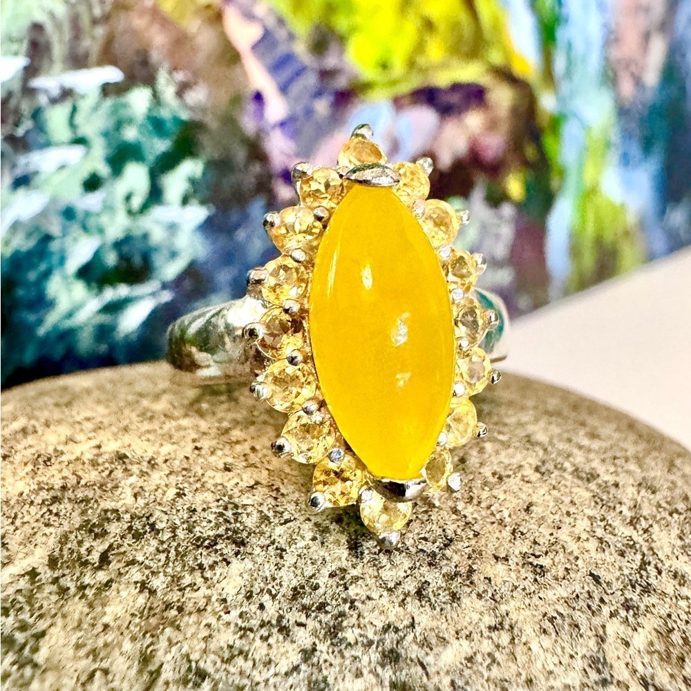 Signed Yellow Jade & Citrine Sterling Silver Ring (7.75)